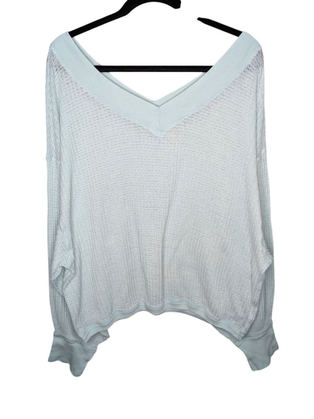 Free People Womens South Side Light Blue Waffle Knit V-Neck Long Sleeve Top L